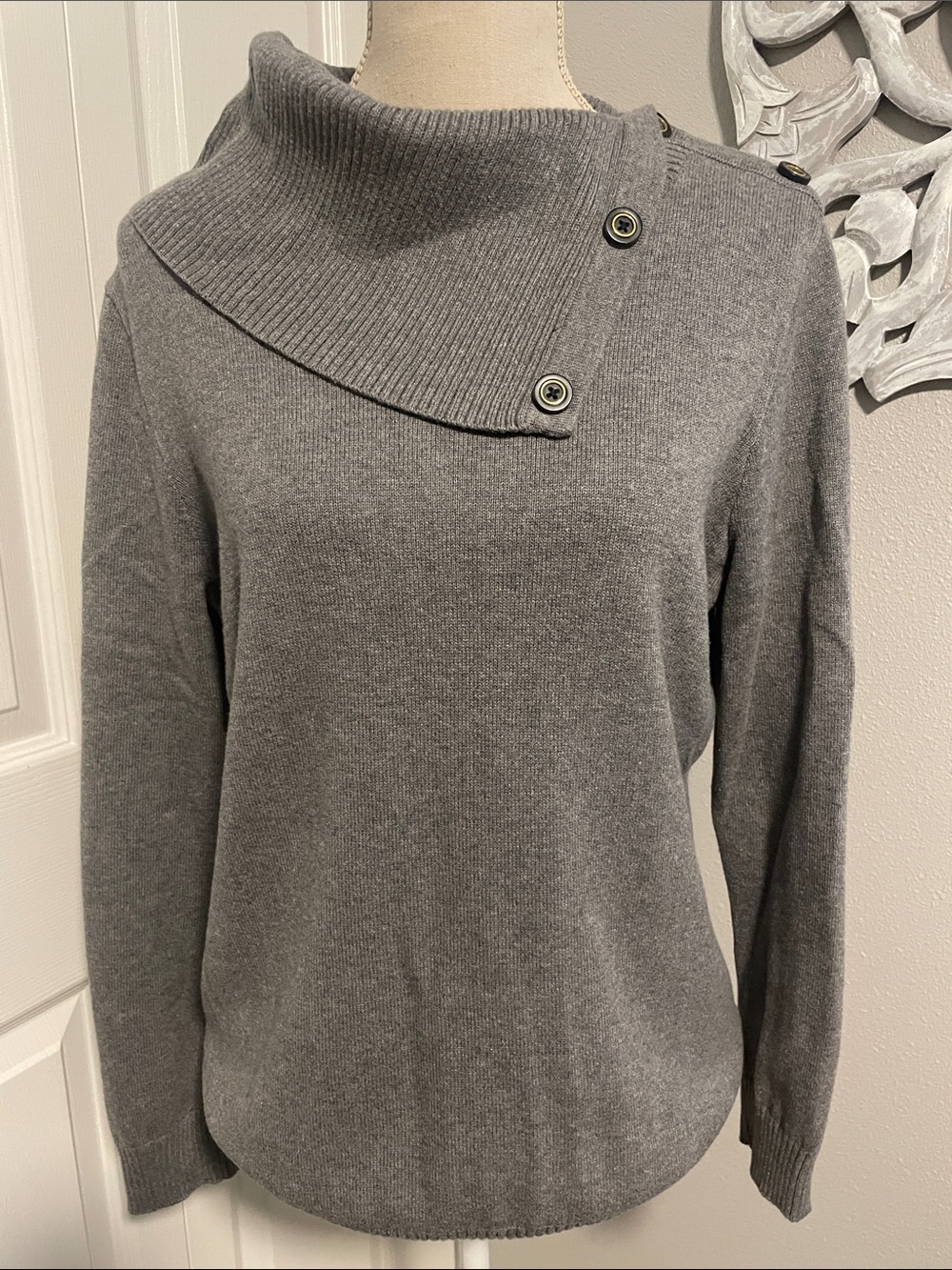 Banana Republic Gray Asymmetrical Button Turtleneck Sweater